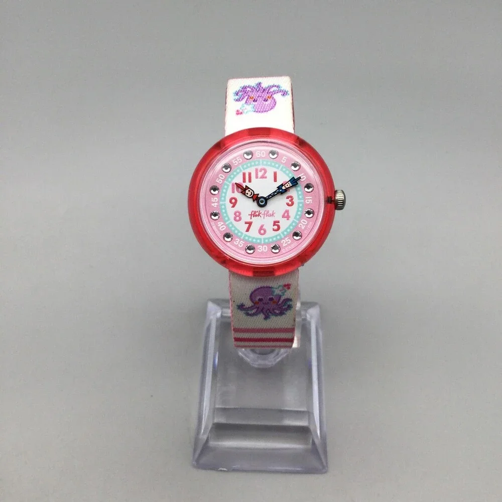 Flik Flak Girls Watch 29mm Pink Dial Octopus Fabric Strap Swiss 1U32 New Battery